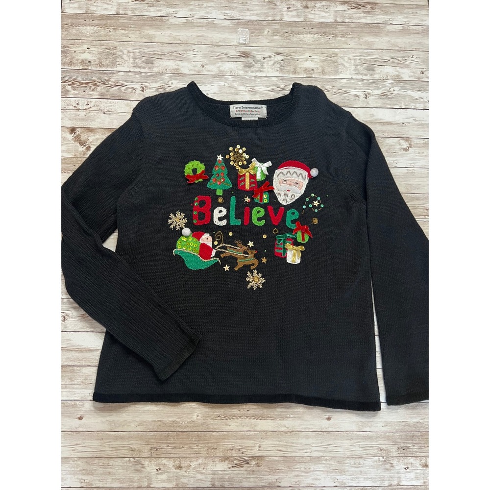 TIARA INTERNATIONAL Christmas Sweater Women Medium Black Believe Santa Sequins